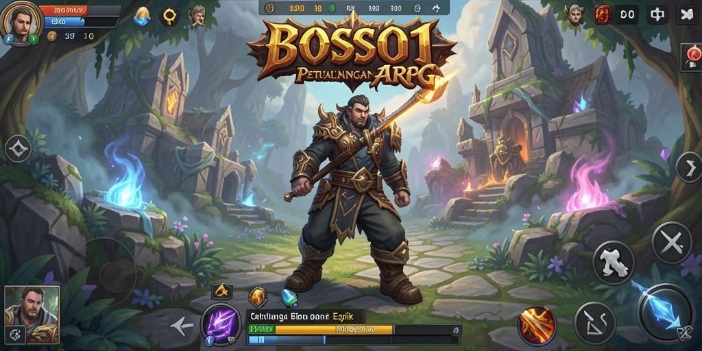 Screenshot gameplay BOS01 menampilkan pertarungan intens di dunia fantasi.