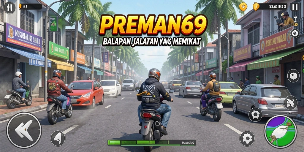 Screenshot gameplay <strong>PREMAN69</strong> menampilkan aksi balapan yang seru dan mendebarkan.