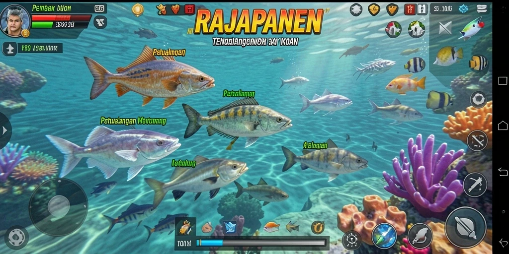 Tangkapan layar gameplay RAJAPANEN menampilkan aksi menembak ikan yang seru.