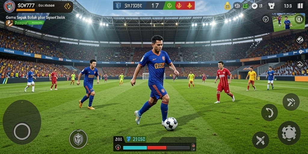 Tangkapan layar gameplay SOV777 menampilkan aksi seru di lapangan sepak bola.